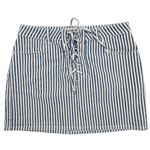 0067 Pacsun Striped Denim Blue White Mini Skirt Festival Cowgirl Y2K Size 26 - Picture 1 of 12